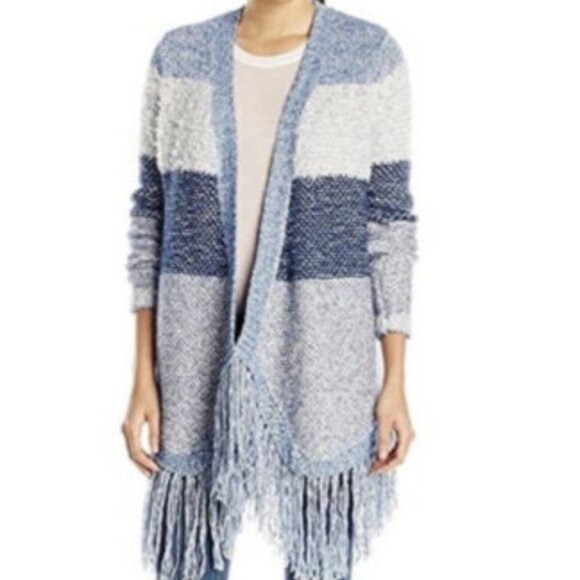Lucky Brand Blue Wool Blend Fringe Longline Open Front Cardigan l - Picture 8 of 8